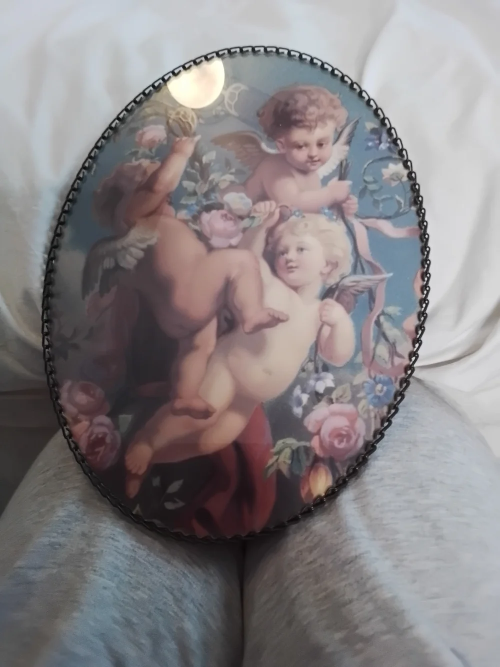 Crescent Cherub Oval Wall Plaque in Blue and Pink